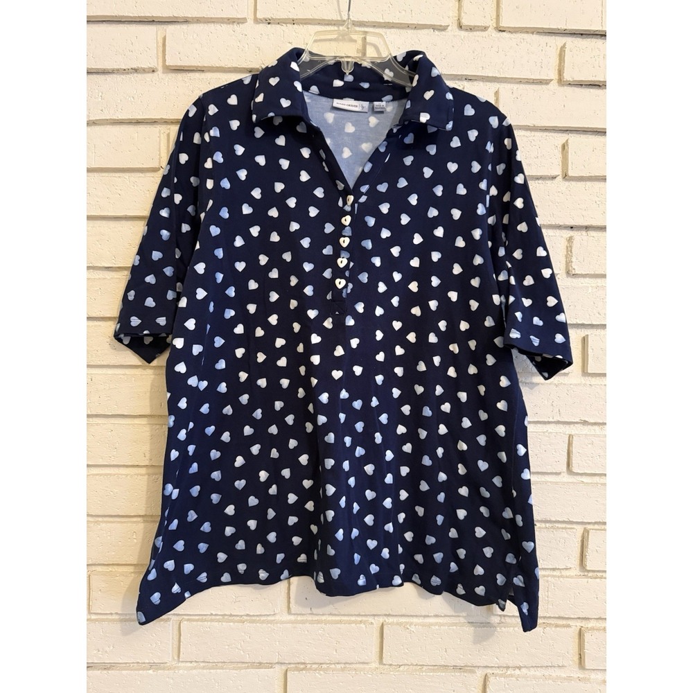 Susan Graver Polo Shirt Blue with Hearts Sz Medium Elbow Sleeve